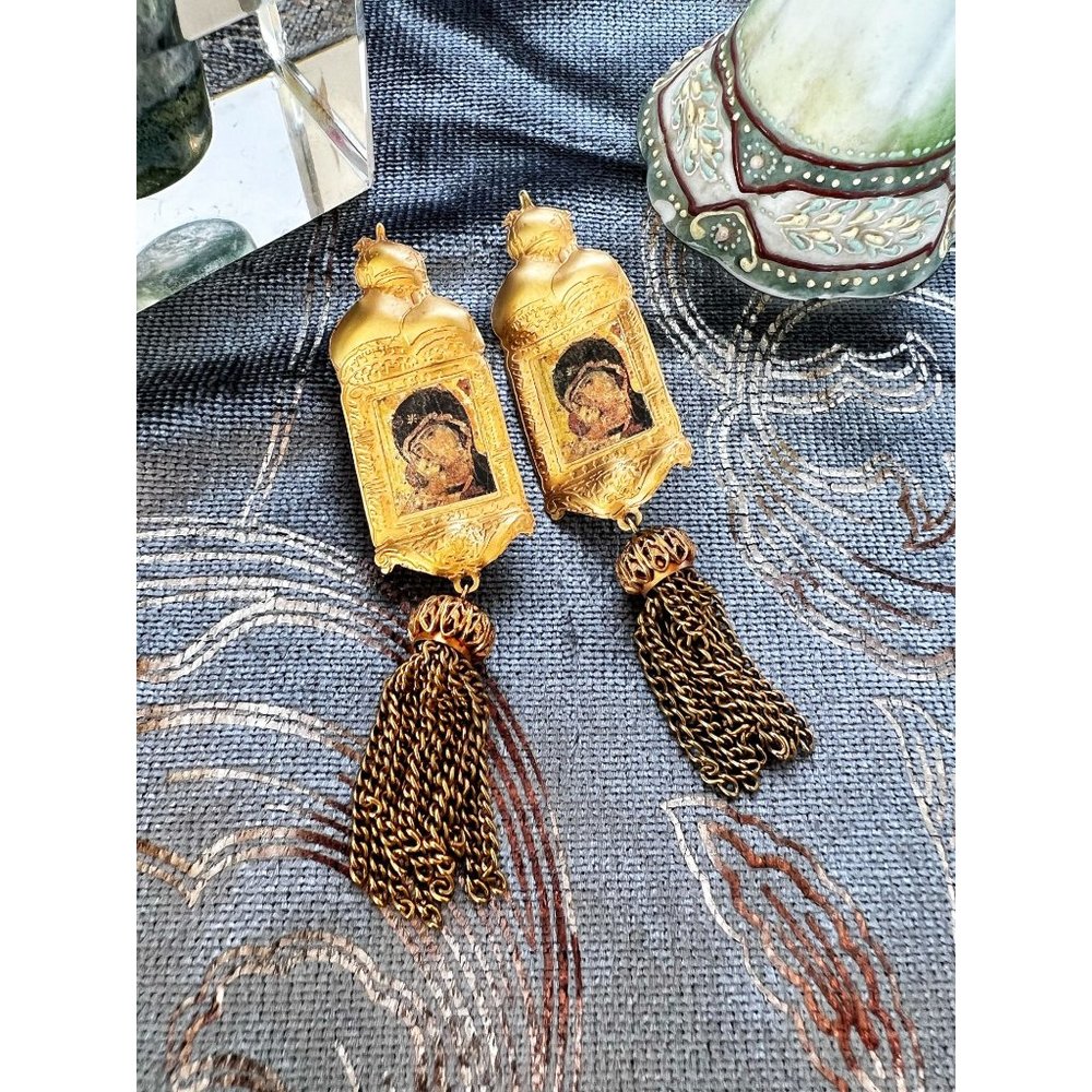 Vintage Tim Lambert Designer Gold Plated Russian Iconography Dangle Earrings/Cli